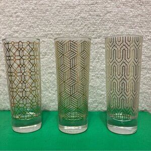 Set of 3 MCM style tall shot glasses w gold patterns EUC